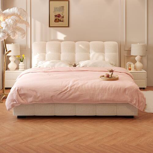 雪尼尔绒布泡芙床网红ins风布艺床现代简约小户型气压储物双人床 - 图1