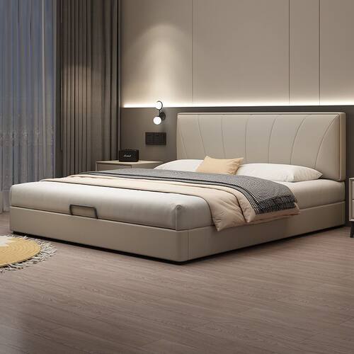 超薄床头意式轻奢钢木真皮床小户型储物床现代极简标准尺寸双人床 - 图0