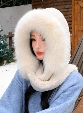 獭兔毛皮草帽子围巾一体女冬季加厚保暖护耳帽子连围脖风雪帽百搭
