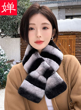 渐变色整皮獭兔毛皮草围巾女冬季双面保暖真毛围脖时尚百搭毛领子
