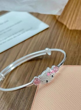 足银999镶奥地利水钻KT猫手镯推拉实心镯子可爱学院风送女生闺蜜