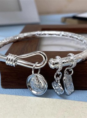 足银999纯银手镯女黄财神平安喜乐实心银镯子新中式国风款