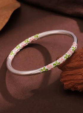 足银999梅花闭口纯银手镯女新中式珐琅彩闭口银镯子年轻款