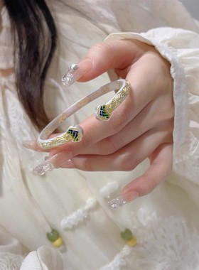 足银999描金珐琅吉言如意宝相花卷草纹方镯纯银手镯女新中式银镯