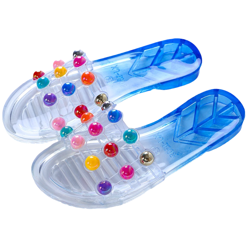 儿童凉拖鞋女生夏时尚外穿平底一字拖少女心公主水晶珍珠凉拖童鞋