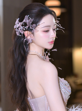 新品韩式新娘粉色羽毛水凝胶蝴蝶发饰项链耳饰减龄晨袍礼服配饰品