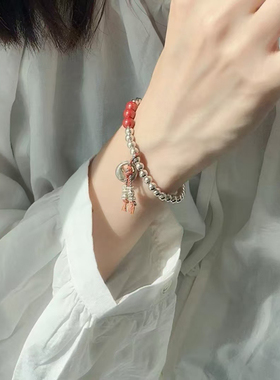 足银999银坨坨实心小胖福袋古法纯银手链本命年盘缠手串手饰礼物