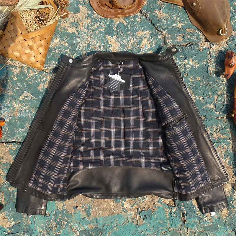 出口美国剩余！香蕉家意大利敦厚深蓝色绵羊皮真皮皮衣男立领加棉 - 图1