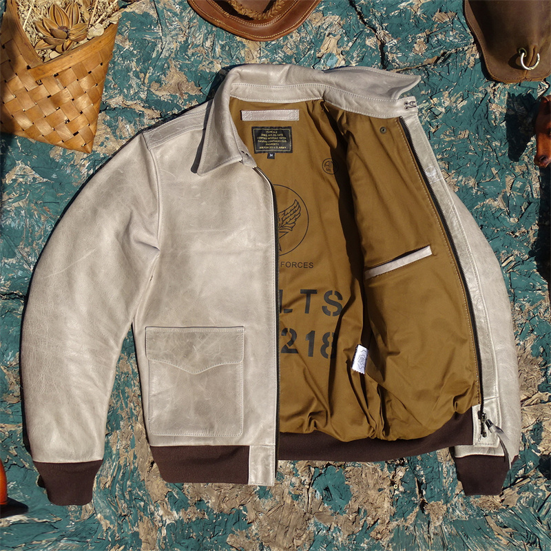 原色白色无涂层环保原生态进口头层油蜡牛皮真皮皮衣男A2飞行服 - 图0