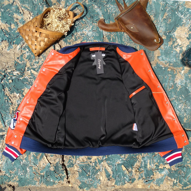 Marsh Orange! Imported first-layer vegetable tanned stiff cowhide leather jacket for men, embroidered multi-label baseball uniform, same style for men and women
