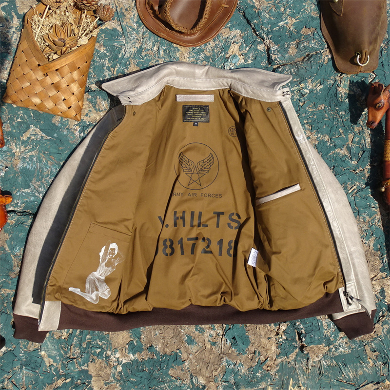 原色白色无涂层环保原生态进口头层油蜡牛皮真皮皮衣男A2飞行服 - 图1