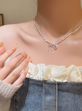 碎银子蝴蝶结珍珠项链女轻奢小众高级感锁骨链秋冬毛衣链颈链配饰