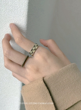 轻奢两件套方形棋盘格女ins戒指