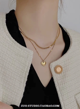 钛钢女18K金双层字母爱心项链