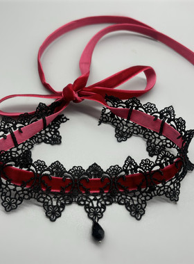 性感脖子饰品酒红暗黑系蕾丝丝绒系带项圈choker 蕾丝 绑带锁骨