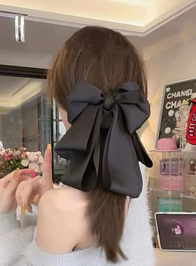 正面看得到！黑色大蝴蝶结发饰法式优雅发夹女后脑勺高马尾抓夹