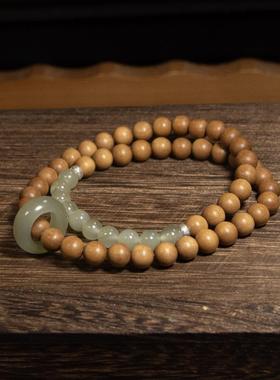 印度老山檀+和田玉6mm圆珠跑环双圈手串链配S925纯银隔珠原创饰品