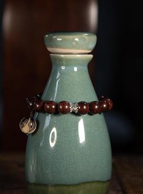 印度小叶紫檀10mm圆珠菩提根莲花纯银花托单圈手串手链原创民族风