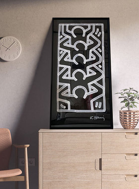 凯斯哈林抽象涂鸦黑白挂画简约涂鸦竖版keith haring潮趣味装饰画