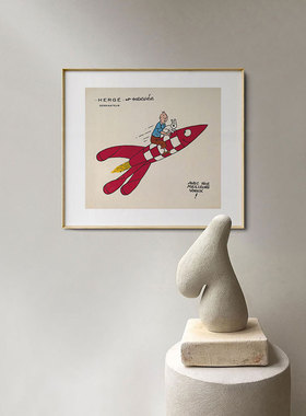 丁丁历险记全家福卡通装饰画火箭复古动漫壁画文艺儿童房小众挂画