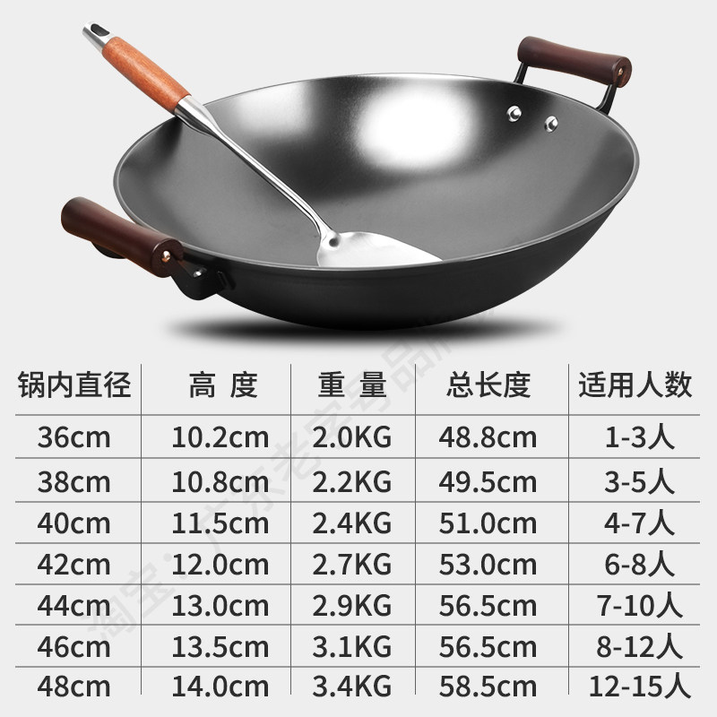 紫金铁锅老式双耳炒菜锅家用无涂层不粘圆底佛山纯生铁炒锅免开锅