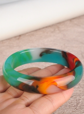 和田玉多彩手镯女款七彩镯子加宽