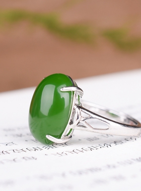 新疆和田玉菠菜绿925银活口戒指