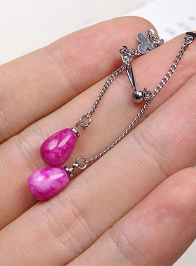 旺夫石粉色长款水滴耳饰品桃花玉