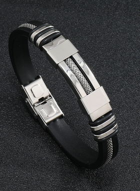 欧美跨境纯钢色电镀蛇纹链时尚手链钛钢硅胶手环外贸不锈钢手链男