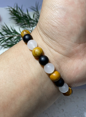 跨境爆款手链红木纹黑曜石白水晶人造水晶欧美热卖手串白色圆珠串