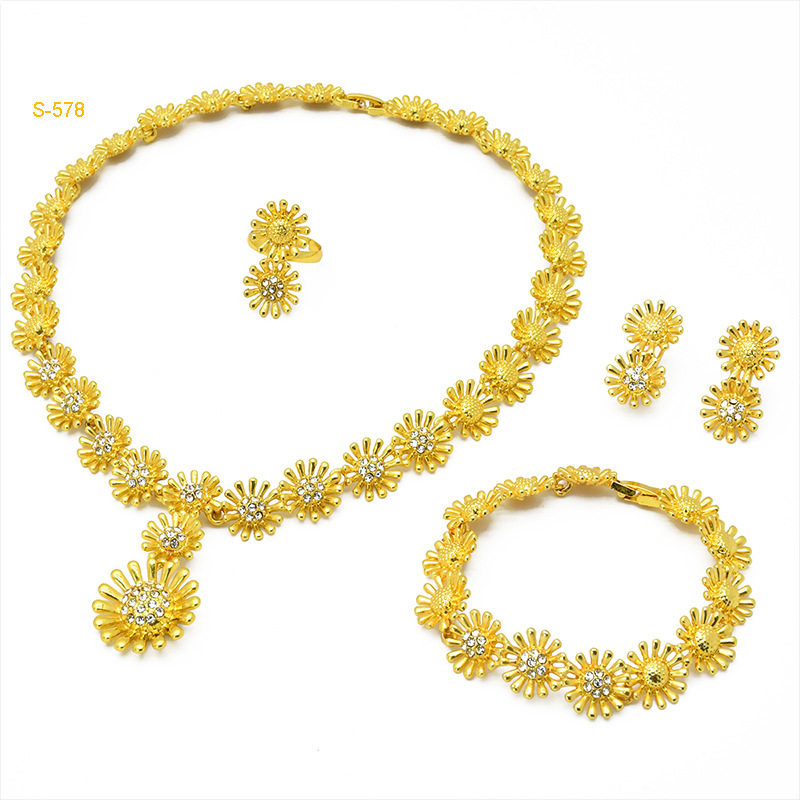 跨境沙特阿拉伯热销饰品套装镀金首饰花形项链手镯耳环戒指四件套,淘宝优惠券,粉丝福利购,淘宝优惠卷