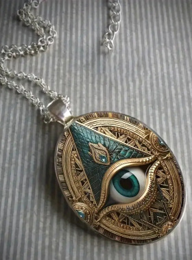 时尚眼睛眼纹吊坠项链-银镀合金与玻璃马赛克优雅椭圆护身符设计
