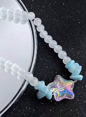 蓝色碎石炫彩星珍珠项链女轻奢感颈链甜酷小众气质百搭锁骨链配饰