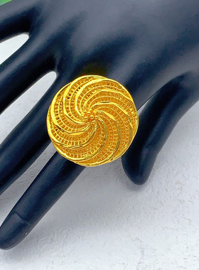 跨境中东新款沙金戒指3D立体镂空花朵指环24K镀金气质复古首饰品