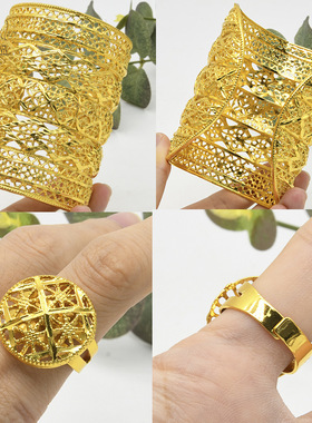 24K镀金迪拜新娘婚礼大手镯戒指中东女士宴会沙金手镯戒指首饰品