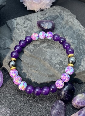 temu希音TK跨境爆款手链紫水晶雨花石黑胆石手串天然水晶紫色串珠