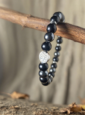 跨境爆款手链生命之树黑胆石黑曜石人造水晶弹性绳手串黑色休闲风