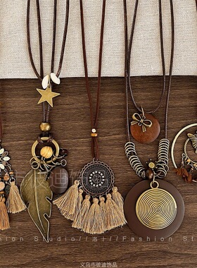 木质前调 国风长款蜡绳橡果吊坠项链新中式禅意设计感毛衣链配饰