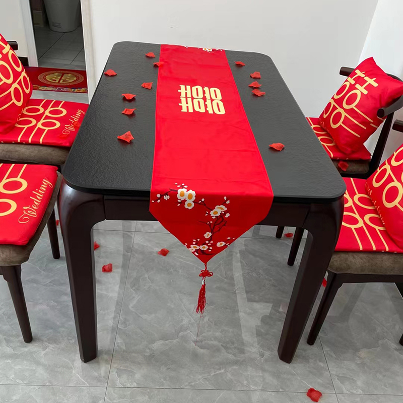 结红色喜字桌布中桌旗OYV订式婚品长方形喜庆婚长条茶几餐桌用布-图2