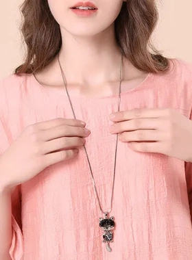 长款女服装水晶配饰品项链简约时尚吊坠高档毛衣链百搭韩版小猫咪