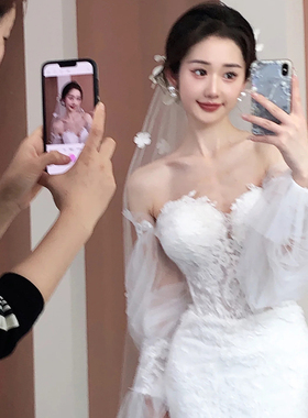 法式头纱新娘主婚纱森系花朵仙美旅拍照跟妆造型结婚领证求婚头饰