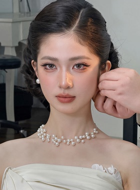 法式新娘项链耳环仿珍珠多层轻奢高级感结婚礼服婚纱晨袍旗袍饰品