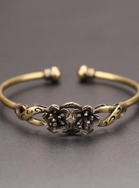 纯黄铜花朵手镯女仿古风饰品开口