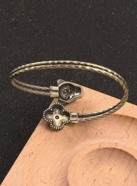 纯铜手镯女古风四叶草豹子头双环