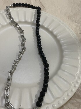 新款潮金银色拼接黑色串珠项链女轻奢简约高级感小众锁骨链