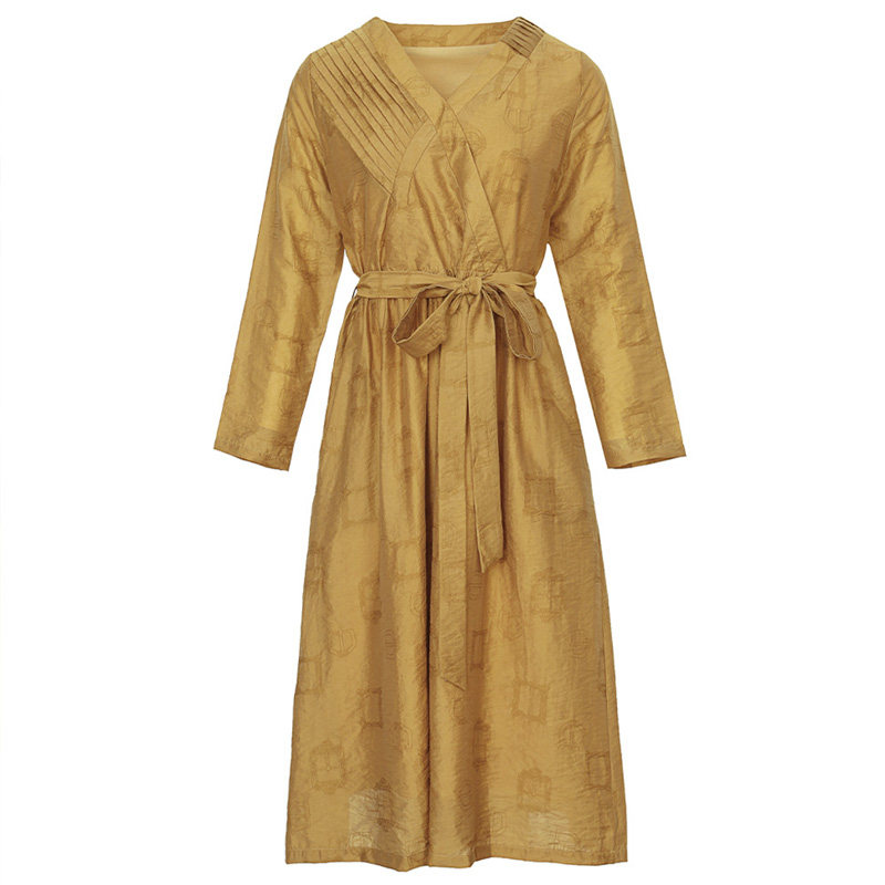 新款秋秋冬气质棉麻法式复古连衣裙 品唐斋连衣裙