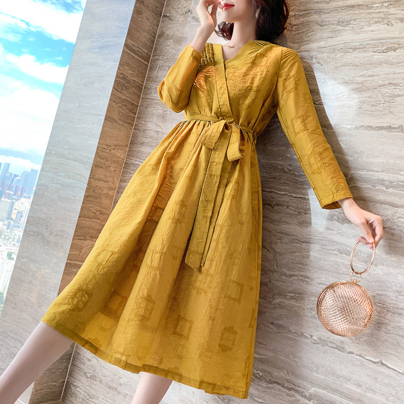 新款秋秋冬气质棉麻法式复古连衣裙 品唐斋连衣裙