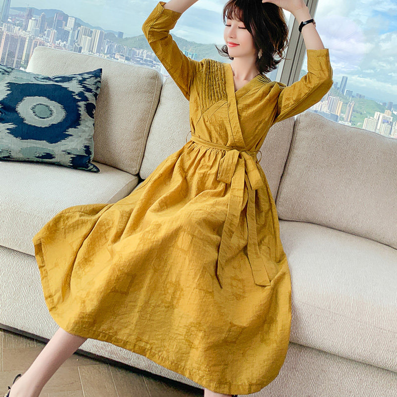 新款秋秋冬气质棉麻法式复古连衣裙 品唐斋连衣裙