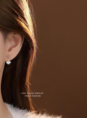 S999纯银四叶草耳钉女养耳洞耳环螺丝拧扣耳骨钉2026年新款潮耳饰