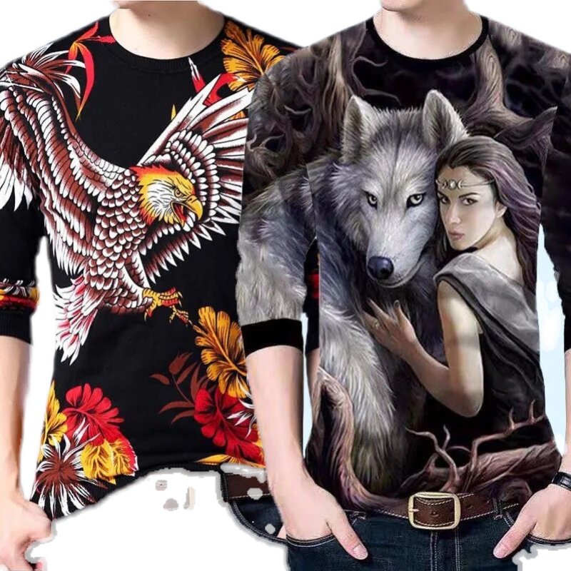 春秋男士长袖t恤3D印花中国龙打底衫青年秋衣大码男装上衣修身潮